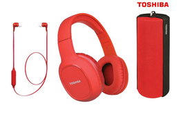 Toshiba Altavoz Portátil Bluetooth con Auriculares y Auriculares In-Ear Incluidos - Rojo, Paquete de Sonido Total