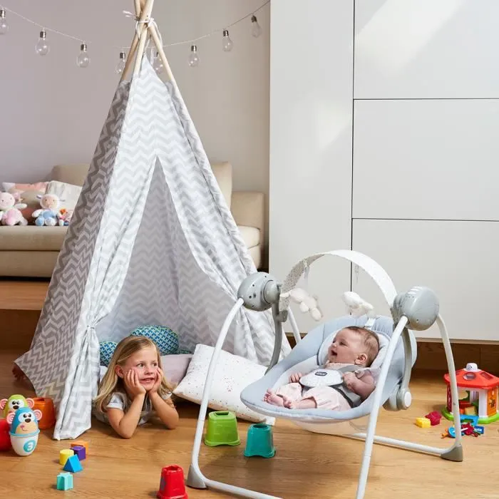 Chicco Columpio Balancín Automático Relax & Play para Bebé - 5 Velocidades, Música, Barra de Juegos, Respaldo Reclinable, Plegable Gris