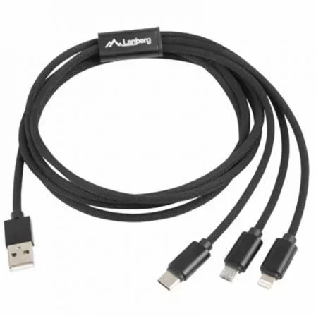 COMBO CABLE USB LANBERG CA-3IN1-13CC-0018-BK - CONECTORES A MICROUSB MACHO / LIGHTNING MACHO / USB TIPO C MACHO - 1.8M - NEGRO COMBO CABLE USB LANBERG CA-3IN1-13CC-0018-BK - CONECTORES A MICROUSB MACHO / LIGHTNING MACHO / USB TIPO C MACHO - 1.8M - NEGRO