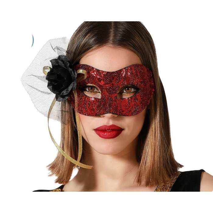 Atosa Carnaval Antifaz Veneciano Rojo Brillante con Purpurina, Flor Negra y Cintas Doradas para Mujer Adulto Atosa Carnaval Antifaz Veneciano Rojo Brillante con Purpurina, Flor Negra y Cintas Doradas para Mujer Adulto