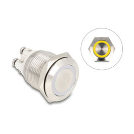 DeLOCK 20979 - Pulsador de Montaje Empotrado 19 mm, IP65, 230V 3A, LED Amarillo, 4 Bornes de Tornillo, Color Plata
