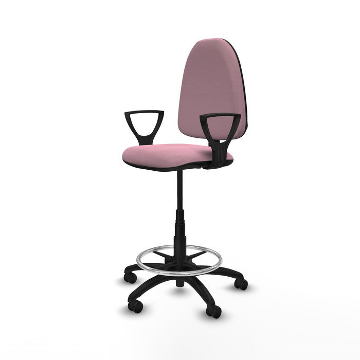 Taburete Aýna con mecanismo Contacto permanente básico tapizada con Tela color Rosa. Equipado con Base poliamida negra, Brazos fijos y Ruedas de parqué