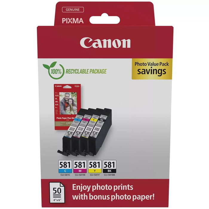 Canon CLI-581 Multipack - Pack de cartuchos de tinta y papel fotográfico satinado (5.6ml, ChromaLife100) para PIXMA TR8550, TS6350, TS8350, TS9550 y más Canon CLI-581 Multipack - Pack de cartuchos de tinta y papel fotográfico satinado (5.6ml, ChromaLife100) para PIXMA TR8550, TS6350, TS8350, TS9550 y más