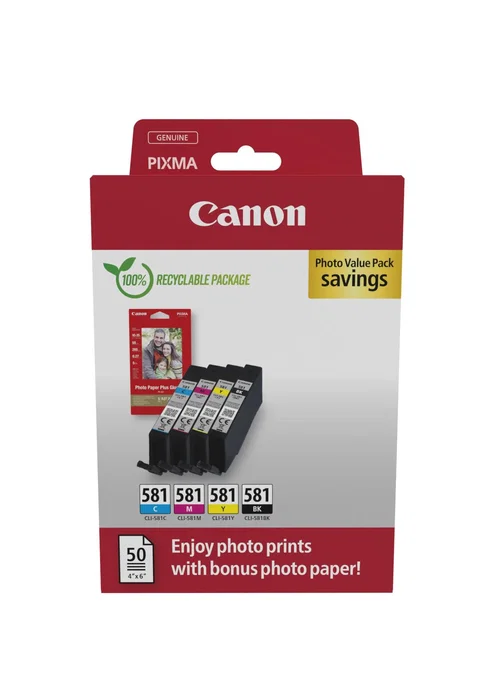 Canon CLI-581 Photo Value Pack Multipack con Papel Fotográfico BK/C/M/Y 2106C006 de 4 unidades y 50 hojas de papel