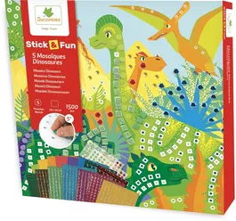 Sycomore Pinturas de Dinosaurios Stick'N Fun - Kit de Mosaico con 1500+ Espumas y Joyas, 5 Soportes para Colgar