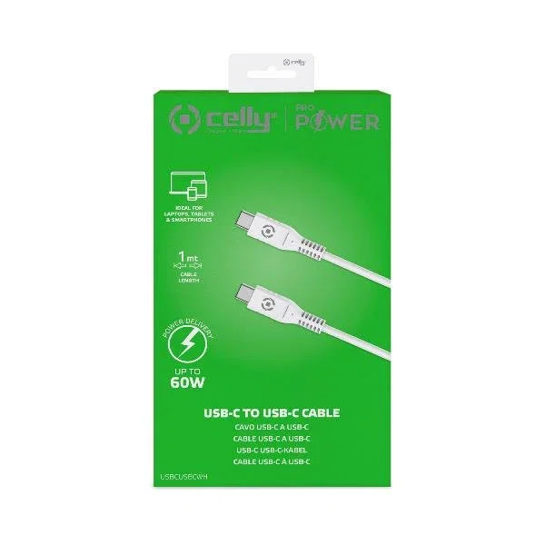 Celly USBCUSBCWH Cable USB Tipo C a Tipo C 1 Metro Blanco - USB PD hasta 60W para Carga y Datos