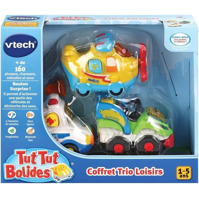 Vtech Trio Loisirs Box Avión Fórmula 1 Autobús Tut Tut Bolides Conjunto de 3 vehículos temáticos Maëlys el avión Yanis Captain y Mathé quad super turbo