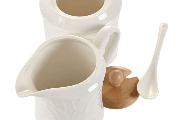 DKD Home Decor Pengjia flower 2025 Azucarero Basicos Blanco Natural Porcelana Bambu Set de 2 Piezas 20.5 x 9.5 x 17 cm