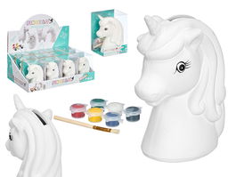 Pincello Hucha Para Pintar Unicornio de Cerámica con 6 Temperas - Incluye Amarillo, Azul, Rojo, Verde, Blanco y Negro - 10 x 14.5 x 8.5 cm (Set de 24)