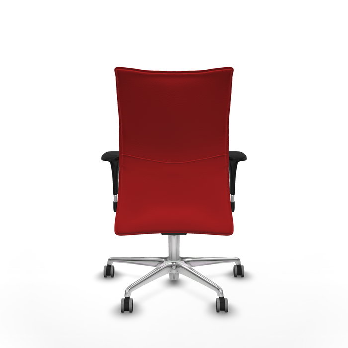 Silla Albacete confidente con mecanismo Sincro tapizada con Similpiel color Rojo. Equipada con Base aluminio, Brazos 1D y Ruedas 65 mm parqué