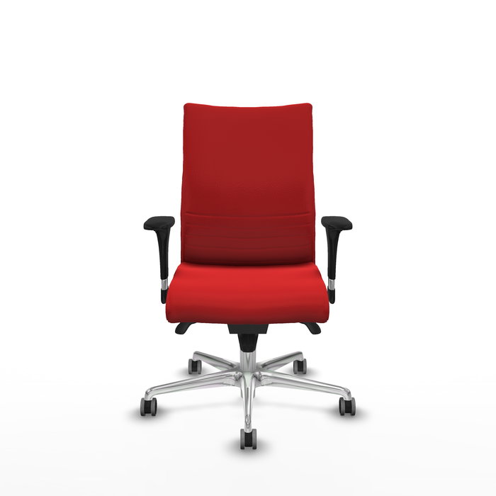 Silla Albacete confidente con mecanismo Sincro tapizada con Similpiel color Rojo. Equipada con Base aluminio, Brazos 1D y Ruedas 65 mm parqué