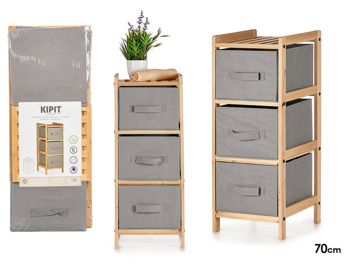 KIPIT Estantería de Bambú con 3 Cajones Gris KIPIT Estantería de Bambú con 3 Cajones Gris