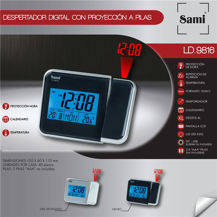 SAMI Despertador con Pantalla LCD, Proyección de Hora, Funciona a Pilas y Termo, Color Negro