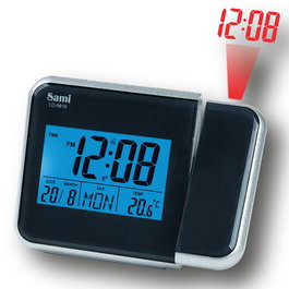 SAMI Despertador con Pantalla LCD, Proyección de Hora, Funciona a Pilas y Termo, Color Negro
