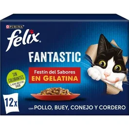Purina Felix Feline Fantastic Festin De Carnés Comida Húmeda para Gato 12 Sobres de 85 gr con Trozos en Gelatina