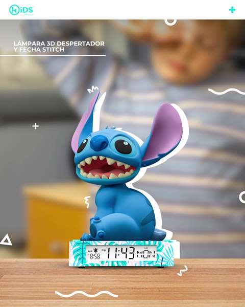 Kids Euroswan Despertador Digital Stitch con Fecha, Luz de Noche 3D, Multilingüe (Español, Inglés, Francés) - Para Niños y Adultos