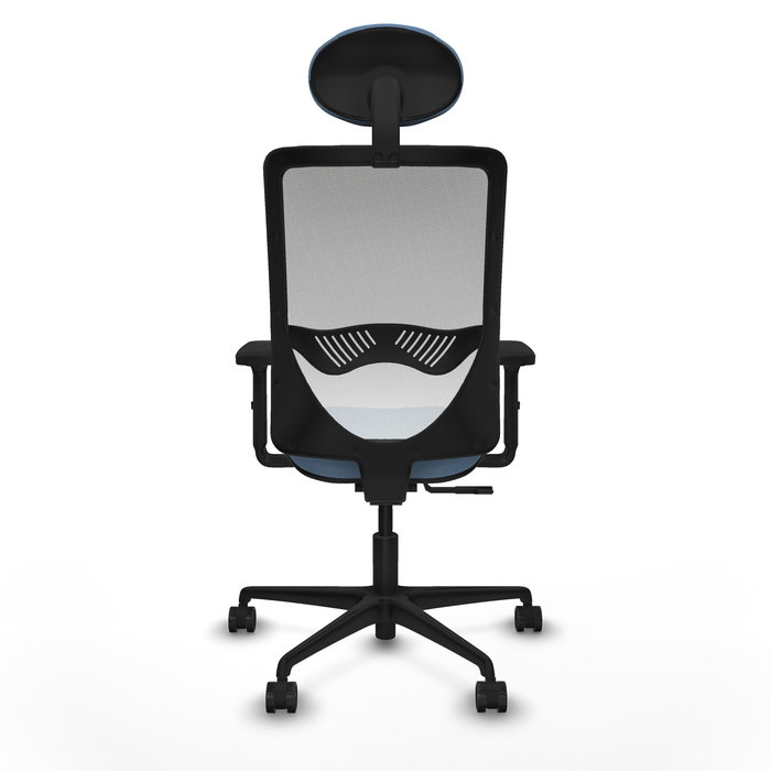 Silla de oficina Zulema con mecanismo Sincro tapizada con Tela color Azul cielo y malla color Blanco. Equipada con lumbar 1D, Brazos 2D, Cabecero Fijo y Ruedas 65mm nailon