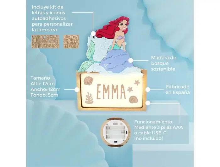 Wondee Lámpara de Madera Ariel Personalizable, Luz LED con Batería, Flujo Luminoso 60 Lúmenes