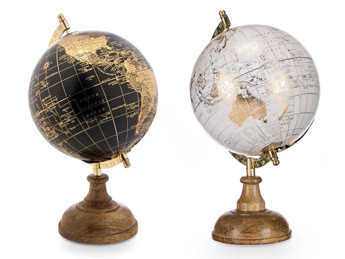Giftdecor Globo Terráqueo Decorativo 15 cm - Surtido en Blanco, Oro y Negro, Madera, Plástico y Hierro, Dimensiones 18x28.5x16.5 cm (Set de 8)