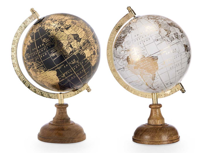 Giftdecor Globo Terráqueo Decorativo 15 cm - Surtido en Blanco, Oro y Negro, Madera, Plástico y Hierro, Dimensiones 18x28.5x16.5 cm (Set de 8)