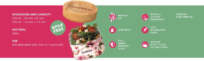 QUOKKA Recipiente de Comida Cristal 500ml con Funda - Deli Blue Nature