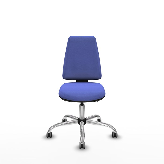 Silla de oficina Elche con mecanismo Asincro tapizada con Tela color Azul claro. Equipada con Base cromada, Sin brazos y Ruedas 65 mm parqué