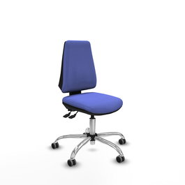 Silla de oficina Elche con mecanismo Asincro tapizada con Tela color Azul claro. Equipada con Base cromada, Sin brazos y Ruedas 65 mm parqué
