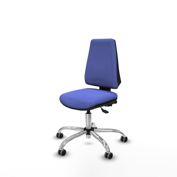 Silla de oficina Elche con mecanismo Asincro tapizada con Tela color Azul claro. Equipada con Base cromada, Sin brazos y Ruedas 65 mm parqué