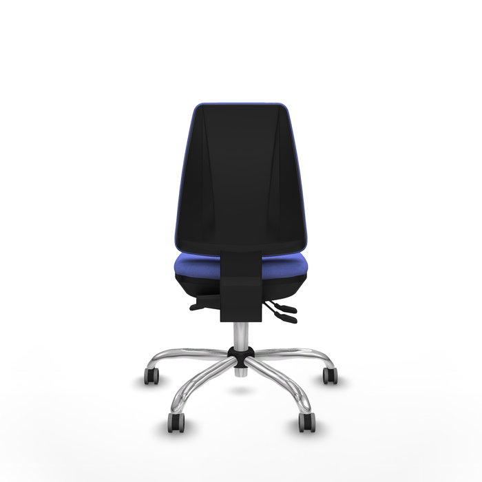 Silla de oficina Elche con mecanismo Asincro tapizada con Tela color Azul claro. Equipada con Base cromada, Sin brazos y Ruedas 65 mm parqué