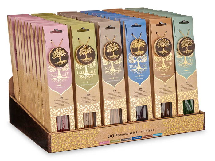 Acorde 30 Barras de Incienso con Soporte de Madera Surtido de 6 Colores (Azul, Gris, Marrón, Menta, Rosa, Verde) y 5 Aromas - Varilla 0.2x0.2x25.5 cm (Set de 72)