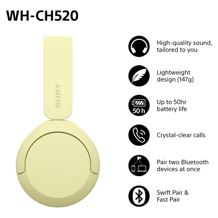 Sony WH-CH520 Audífonos Inalámbricos Bluetooth On-Ear de Diadema, Color Amarillo
