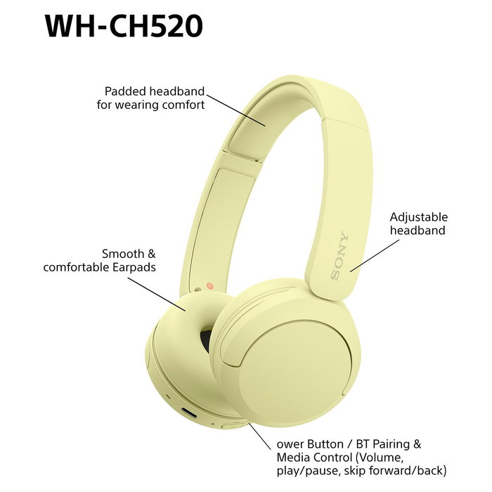 Sony WH-CH520 Audífonos Inalámbricos Bluetooth On-Ear de Diadema, Color Amarillo