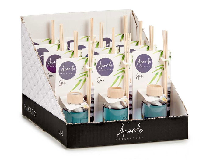 Acorde Mikado 50 ml Spa con Varilla - Vidrio, Palma de ratan, Madera, Fragancia, Plastico - 7 x 17 x 5 cm - Azul (Set de 12)