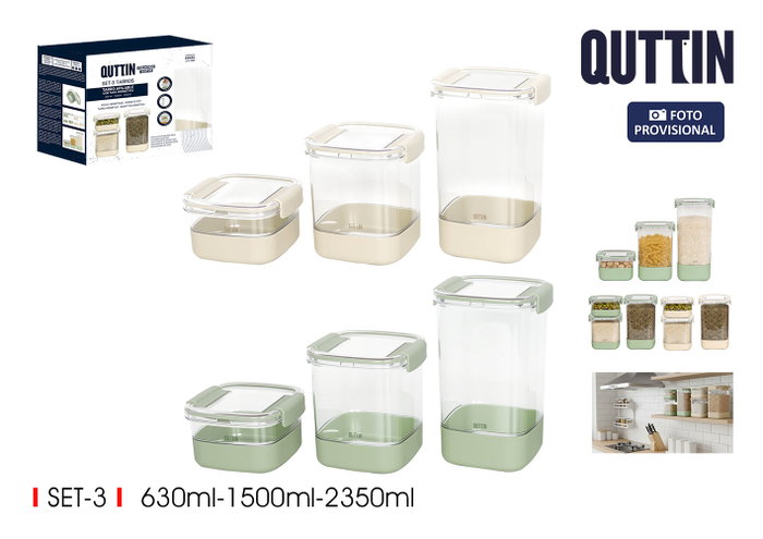 Quttin Set de 3 Tarros PET Cuadrados con Tapa Hermética Quttin Set de 3 Tarros PET Cuadrados con Tapa Hermética