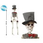 Figura de esqueleto con sombrero a rayas y pajarita roja