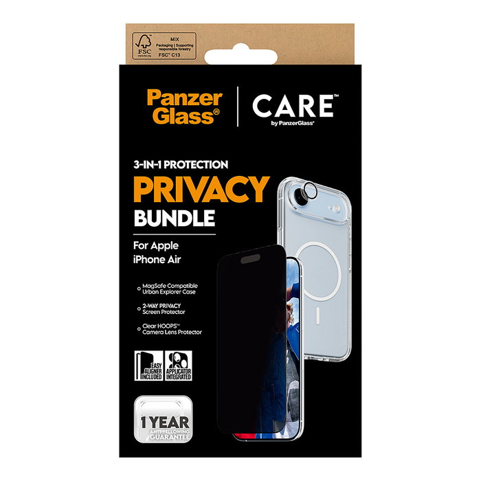 PanzerGlass Protector de Pantalla 3-en-1 Flagship Privacy para iPhone Air, Vidrio Templado Anti-Rayones, Anti-Huellas y Filtro de Privacidad