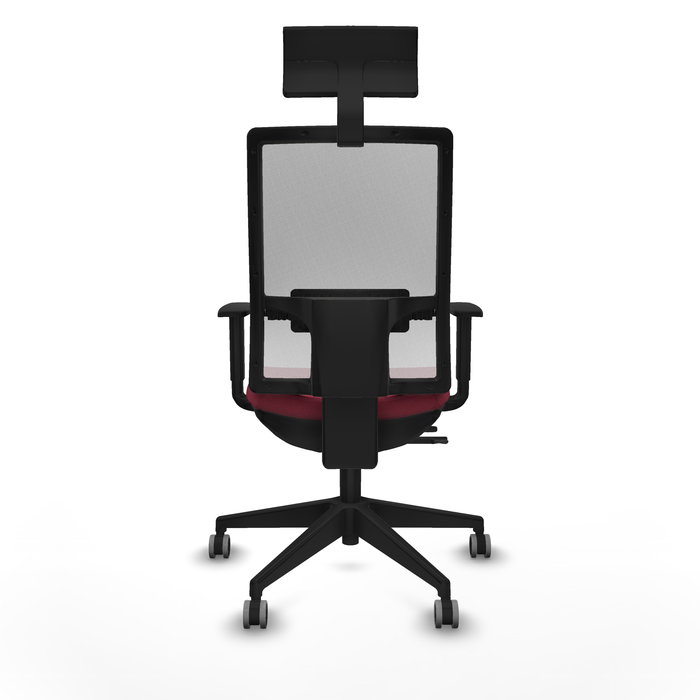 Silla de oficina Horna con mecanismo Sincro/Traslack tapizada con Tela color Granate y malla color Blanco. Equipada con lumbar 1D, Brazos 1D, Cabecero Fijo y Ruedas 65 mm parqué