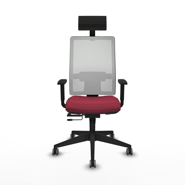 Silla de oficina Horna con mecanismo Sincro/Traslack tapizada con Tela color Granate y malla color Blanco. Equipada con lumbar 1D, Brazos 1D, Cabecero Fijo y Ruedas 65 mm parqué
