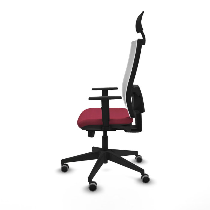 Silla de oficina Horna con mecanismo Sincro/Traslack tapizada con Tela color Granate y malla color Blanco. Equipada con lumbar 1D, Brazos 1D, Cabecero Fijo y Ruedas 65 mm parqué