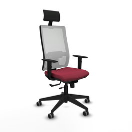 Silla de oficina Horna con mecanismo Sincro/Traslack tapizada con Tela color Granate y malla color Blanco. Equipada con lumbar 1D, Brazos 1D, Cabecero Fijo y Ruedas 65 mm parqué