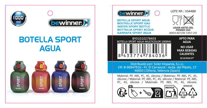 Inde Botella Sport Agua Multicol. 1000 ml - Alto 18,7 cm, Ancho 10,7 cm (12 Unidades)