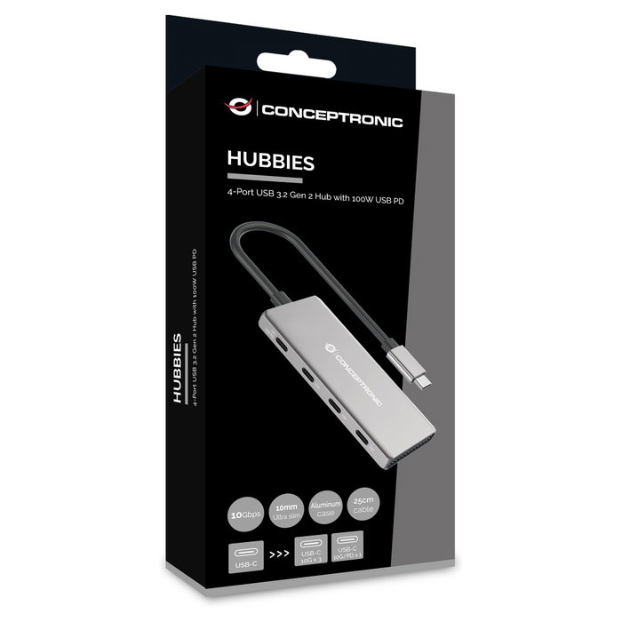 Conceptronic HUBBIES16G Hub USB-C de 4 puertos, 10 Gbps, Gris Conceptronic HUBBIES16G Hub USB-C de 4 puertos, 10 Gbps, Gris