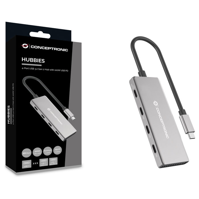 Conceptronic HUBBIES16G Hub USB-C de 4 puertos, 10 Gbps, Gris Conceptronic HUBBIES16G Hub USB-C de 4 puertos, 10 Gbps, Gris