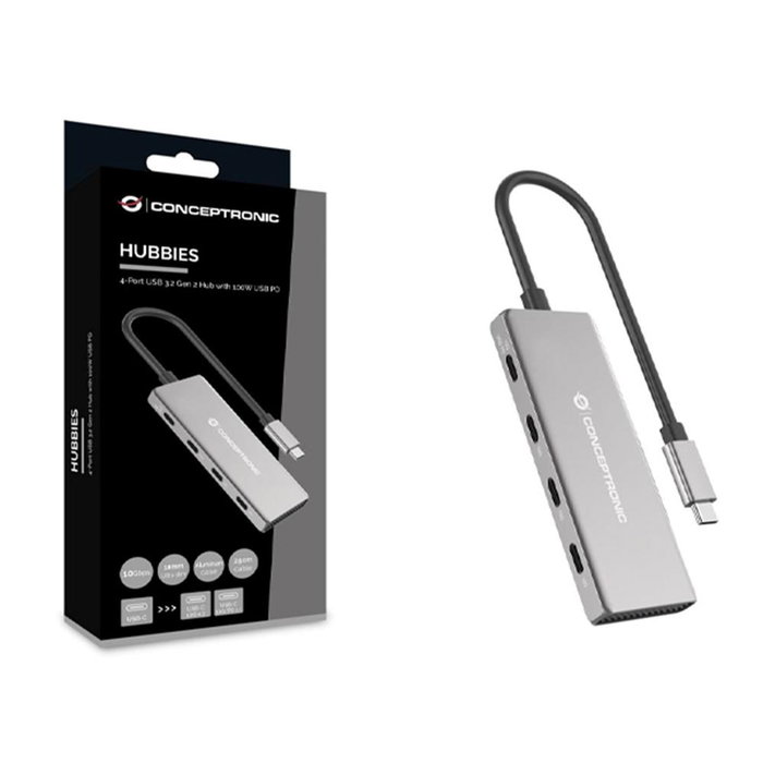 Conceptronic HUBBIES16G Hub Usb Tipo C de 4 Puertos USB 3.2 Gen 2 10 Gbps con Power Delivery 100W