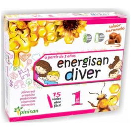 PINISAN Energisan Diver 15Viales Jalea Real Propóleo Vitaminas C B1 B2 B6 Folato A para Niños sin Gluten Lactosa