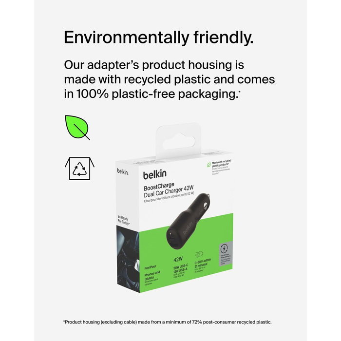 Belkin CCB005btBK Cargador Dual USB-C PD+PPS 42W para Coche, Negro