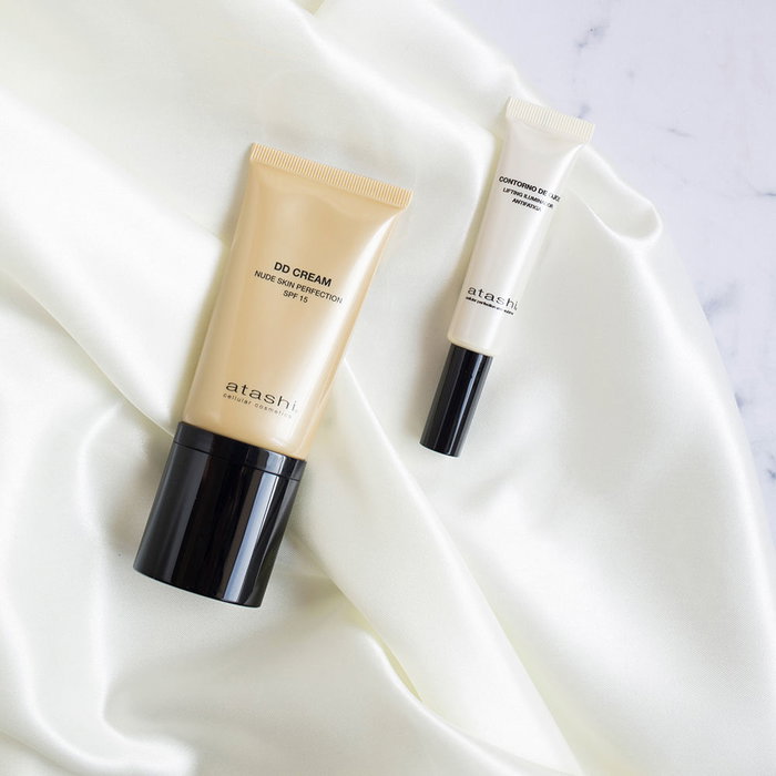 Atashi DD Cream Nude Skin Perfection #medio SPF 15 - Crema efecto glow, antiarrugas, hidratante - Set 4 piezas (Crema 50ml + Contorno ojos 15ml + Agua micelar 60ml + Neceser)