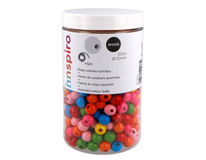Innspiro Cuentas de madera redonda Multicolor 10mm con 450 unidades y 5m de hilo