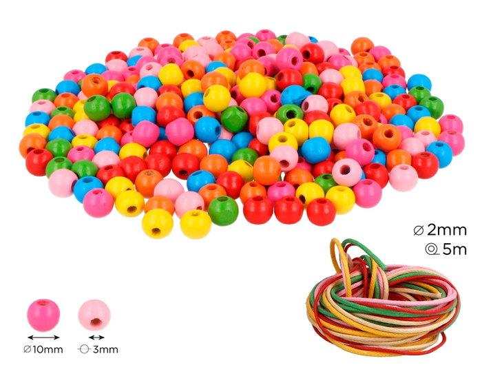 Innspiro Cuentas de madera redonda Multicolor 10mm con 450 unidades y 5m de hilo