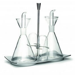 3-GROUP Vinagrera Wind - Set de 4 Piezas, Vidrio Borosilicato con Soporte de Resina y Asas Inox, para Aceite y Vinagre